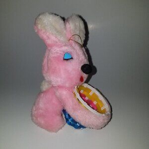 VTG Easter Pets Pink Easter Bunny Holding Basket 6" Decor Unlimited Blue Eyes